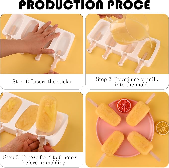 Sakolla 2 Pack Silicone Popsicle Molds, Larg Oval 4 Cavities Homemade Ice Pop Molds with 50 Wooden Sticks for Ice Cream, Cakesicles, Cake Pop (White)