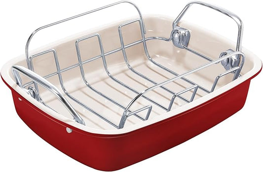KITESSENSU Nonstick Turkey Roasting Pan with Rack 17 x 14 inch - Large Chicken Roaster Pan for Oven - Wider Handles & Heavy Duty Construction - Suitable for 24lb Turkey, Red