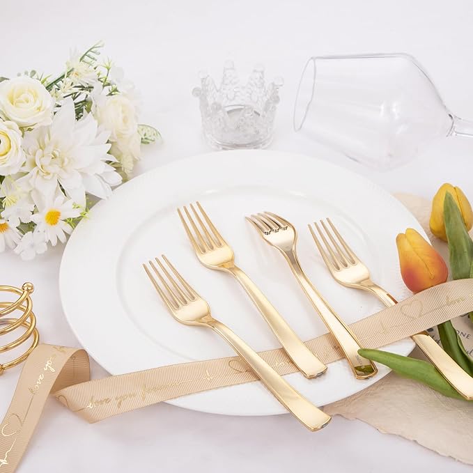 Liacere 360Pcs Plastic Forks - Heavyweight Forks - 7 Inch Heavy Duty Gold Disposable Forks- Gold Plastic Silverwar Perfect For Parties & Weddings & Thanksgiving & Restaurants And Daily Using