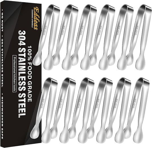 Mini Tongs For Serving Food，Set fo 12 Small Tongs For Appetizers，Small Stainless Steel Metal Cooking Tong，for Tea Party Coffee Bar, 4 inch Sugar Tong - Silver