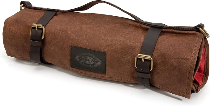 Dickies Chef Knife Roll Bag Portable Organizer and Cutlery Storage Roll, Waxed Canvas and Leather, Medium