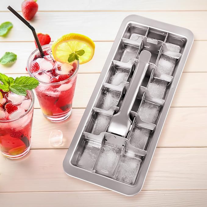 2 Pcs 18 Slot Stainless Steel Ice Cube Maker and Tray Ice Cube Tray for Bars Kitchens Levers Remove Cubes Easy Removal Metal Food Grade Freezer Molds for Food Juice Dishwasher Safe