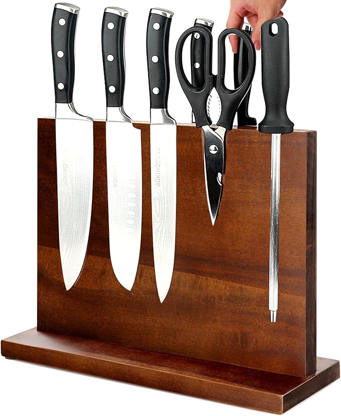 Magnetic Knife Block Double Sided Magnetic Knife Holder Rack with Strong Enhanced Magnets Acacia Wood Magnetic Knife Storage Stand (Acacia Wood)