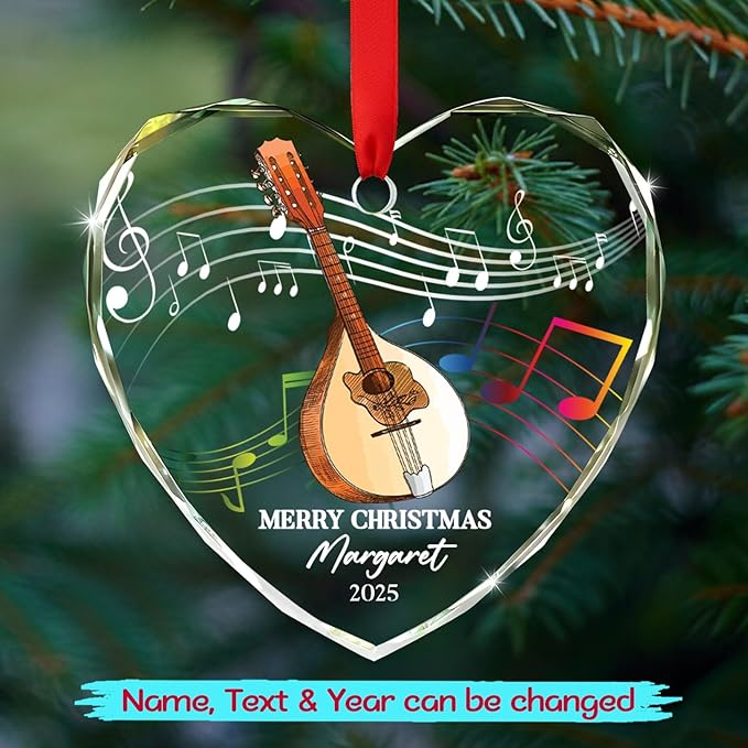 Personalized Mandolin Musical Instrument Glass Ornament, Customized Year Text Name Christmas Ornaments Gift for Mandolinist Women Men Mandolin Musical Player, Mandolins Instrument Glass Xmas Ornament