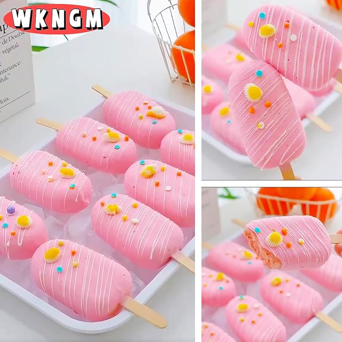 3pcs Large Silicone Popsicle Molds with Lids,4 Cavities Cake Pop Molds,Oval Ice Cream Bar Mold Ice Pop Cakesicle Molds Silicone with 100 Wooden Sticks & 100 Bags &100 Twist Ties(Pink)