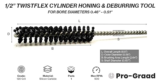 TwistFlex 1/2" 120SC Cylinder Hone | 0.5” (12.7mm) Flexible Cylinder Honing & Deburring Tool for Hole Diameters 0.46"- 0.51" | Silicon Carbide 120 Grit | Pack of 1