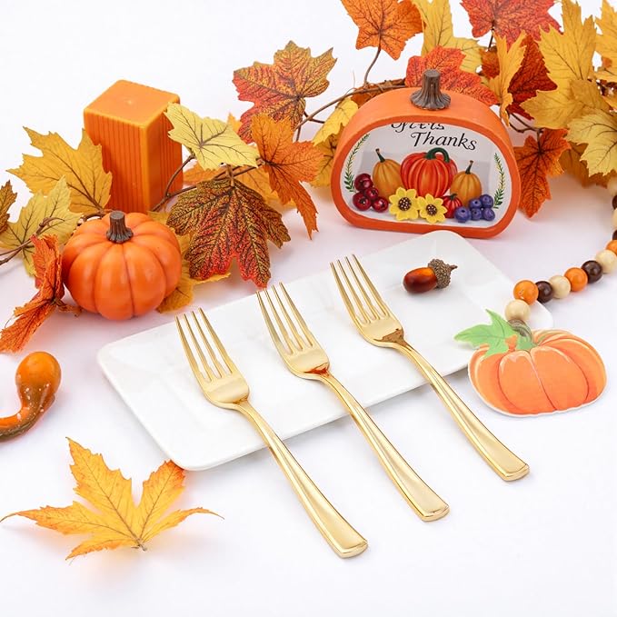 Liacere 200pcs Gold Plastic Forks - Heavyweight - 7.4 Inch Heavy Duty Forks - Gold Plastic Silverware Perfect For Parties & Weddings & Restaurants & New Year And Daily Using&Fall Decor