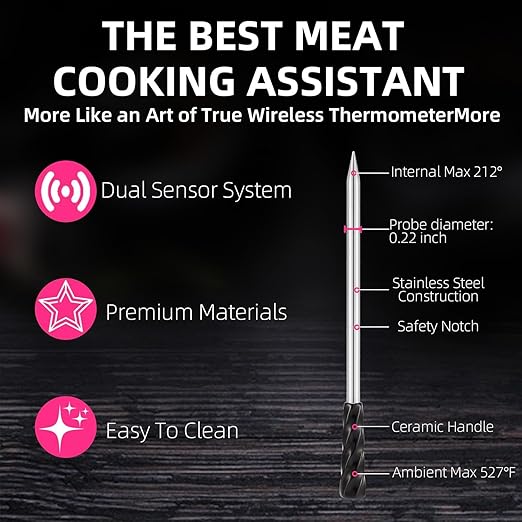 Wireless Smart Meat Thermometer with Bluetooth | Long Range | Measures Internal & Ambient Temp | for BBQ, Oven, Grill, Kitchen, Smoker, Rotisserie (Jet Black)