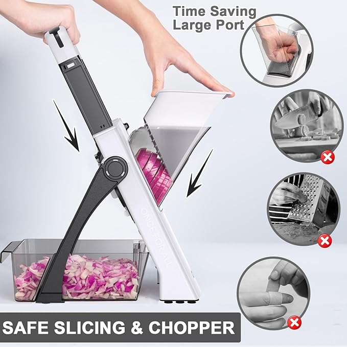 Upgrade Safe Mandoline Slicer for Kitchen, Vegetable Chopper Slicer, Potato Slicer Thickness Adjuster, French Fry Cutter, Veggie Onion Dicer Faster Kitchen Mandolin for Meal Prep (White)