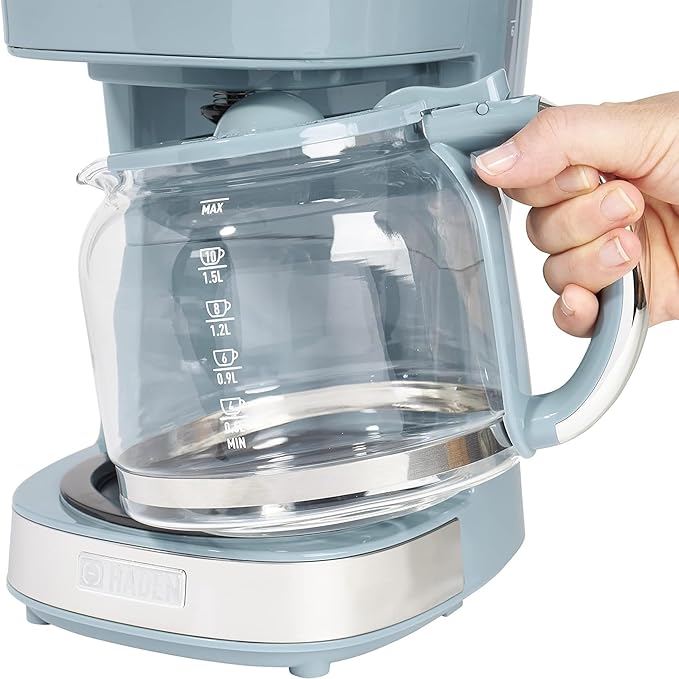 Haden Brighton Coffee Machine, 12 Cup Programmable Drip Coffee Maker with Auto Shut-Off Function and Reusable Washable Water Filter, Sky Blue & Chrome