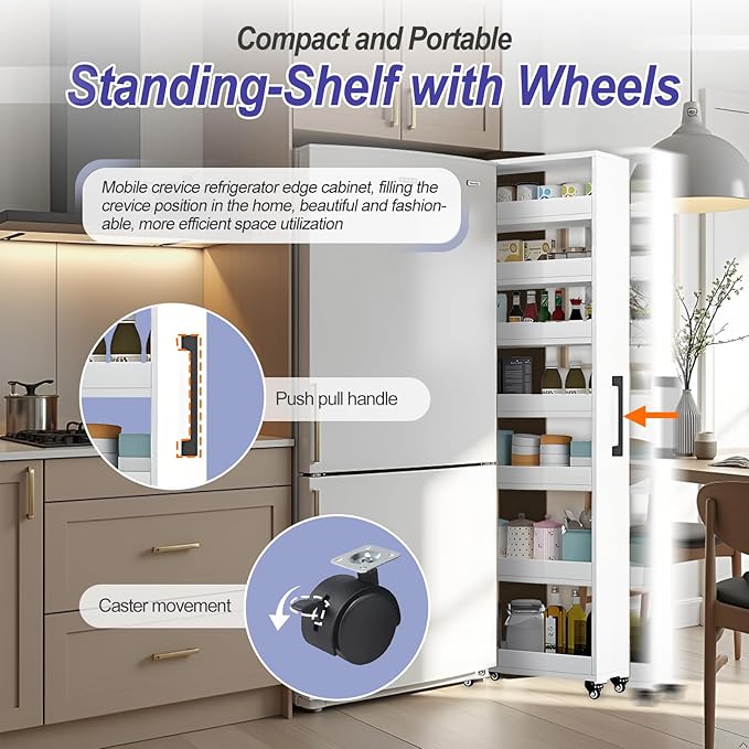 7-Tier Slim Storage Cart, Wooden Rolling Pantry Cabinet with Wheels, Narrow Shelf Organizer for Kitchen, Bakers Rack, Dining Room, Closet, Small Spaces Light Walnut 47.2" H*9.8" W*16.9" D