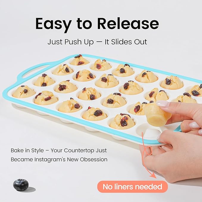 Silicone Mini Muffin Pan With Metal Reinforced Frame - 24 Cups Durable Silicone Cupcake Pan for Muffin, Cupcakes, BPA Free and Dishwasher Safe - 2 Piece Blue