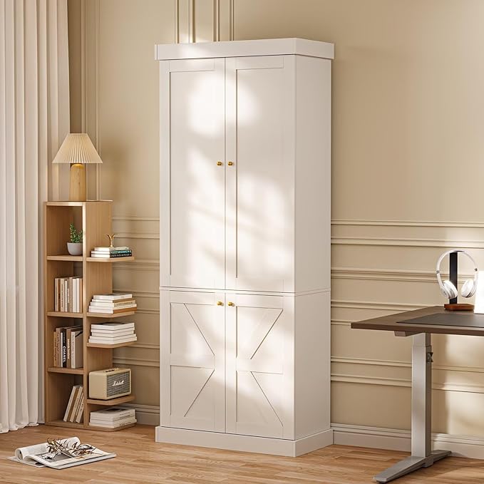 70.8" Tall Farmhouse Kitchen Pantry Cabinet with Doors, Modular Wooden Storage Hutch with 4-Tier Adjustable Shelves, White Buffet Cabinet for Kitchen or Living Room, Set of 3
