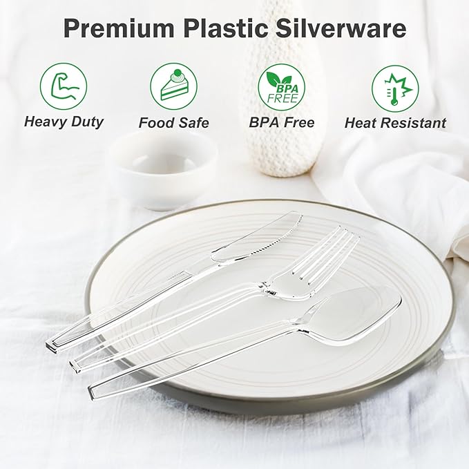 360 Count Extra Heavy Duty Clear Plastic Forks and Spoons, 180 Forks & 180 Spoons, Heat Resistant, Disposable Plastic Silverware Set