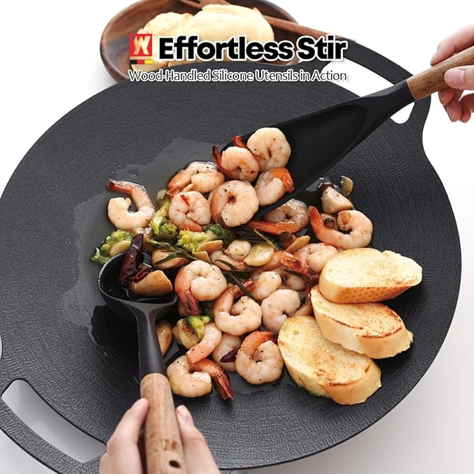 Set of 2pc Silicone Cooking Utensils: Wooden Handle Cooking & Serving Spoon+ Multi-Purpose Cooking Spoon, Heat Resistant Cooking Utensil, BPA Free, Safe Material for All Cooking Surfaces