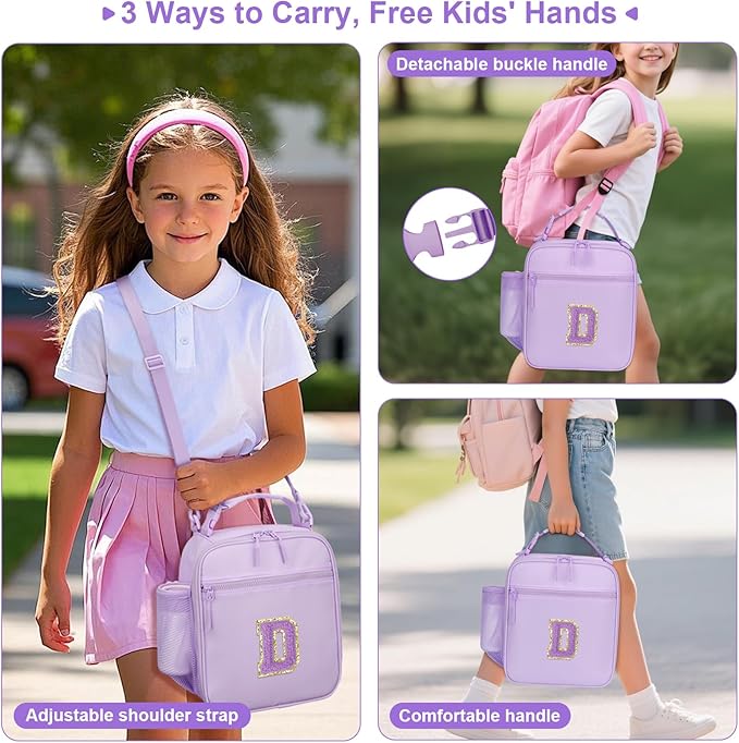 Initial Insulated Lunch Bag for Girls Kids, Back to School Gift, Reusable Leak-proof Lunch Box with Adjustable Strap for School Daycare Travel Picnic (Purple,D)