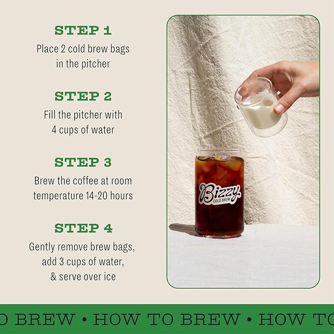 Bizzy Organic Cold Brew Coffee | Espresso Blend | Coarse Ground Coffee | Medium-Dark Roast | Micro Sifted | Specialty Grade | 100% Arabica | Brew Bags | 4 Count | Makes 14 Cups