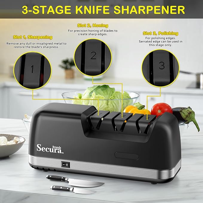 Secura 3-Stage Electric Knife Sharpener with 100% Diamond Abrasives and Precision Angle Guides, Professional Sharpening Tool for Kitchen Straight Edge, Serrated Knives and Ceramic Knife, Black