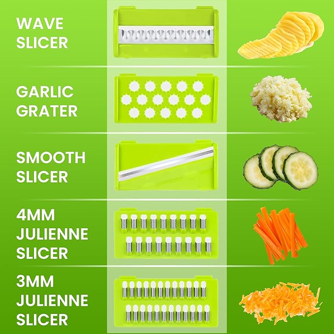 15-in-1 Vegetable Chopper & Mandoline Slicer by Global Digitronix – BPA-Free Veggie Cutter with Stainless Steel Blades, Onion Chopper & Food Dicer, Fruit & Vegetable Slicer – Black & Green