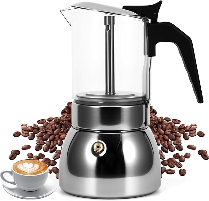Stovetop Espresso Maker, 9Cup 450ML Stainless Steel Stovetop Italian Coffee Maker Transparent Glass Moka Pot, Coffee Maker Mocha Pot for Home Cafe Outdoor Office