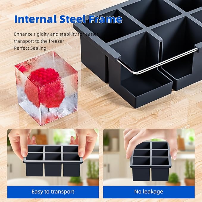 Large Ice Cube Tray for Whiskey 2 Pack, HANCELANT Big Silicone Square Ice Cube Mold with Removable Lid, 2'' Huge Square Ice Cubed Tray for Whisky and Cocktail