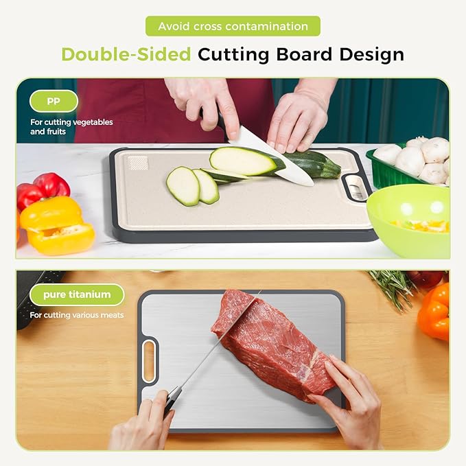 Titanium Cutting Board for Kitchen, Cutting Board Double Sided Food Grade, Pure Titanium/PP, Easy to Clean[18”*12.5”+15.5”*10.5”+12”*8.5”]