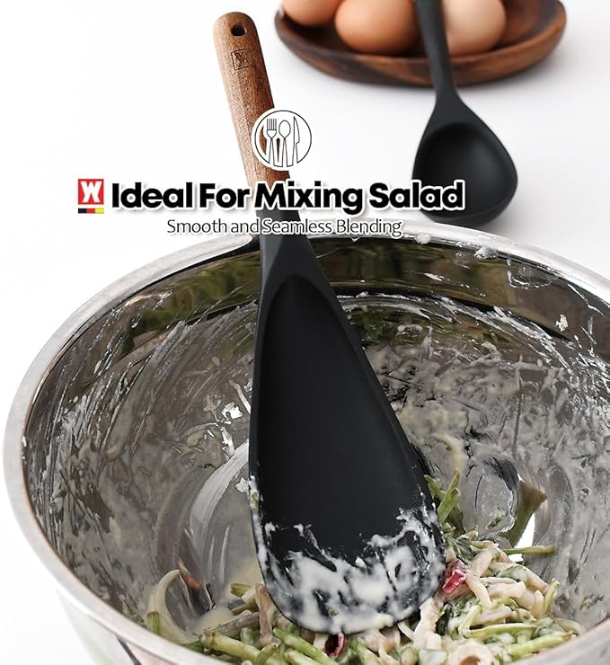 Silicone Long Head Cooking & Serving Spoon with Wooden Handles: Multi-Functional Design, Silicone Rounded Spatula for Mixing, Scoop, and Scrape, Great for Stir Frying
