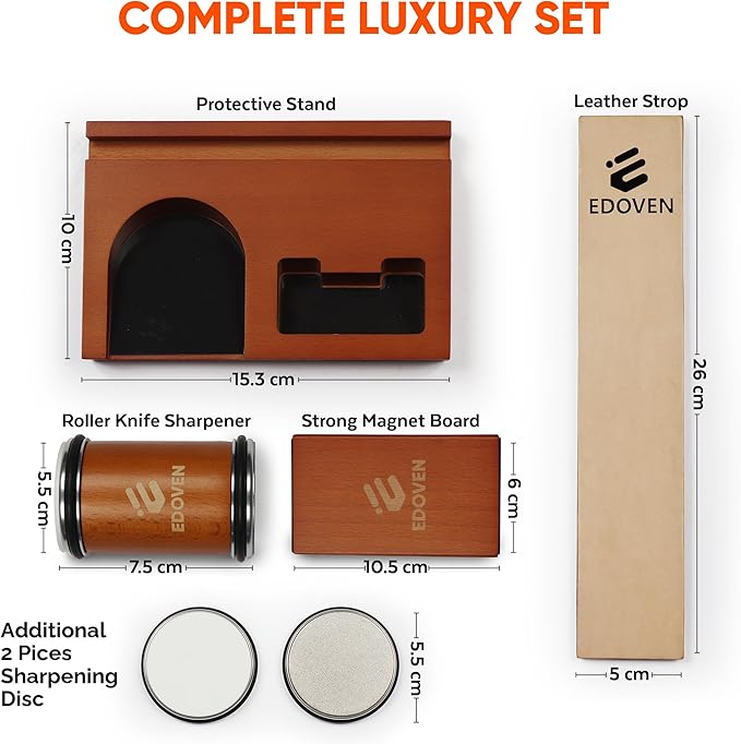 Rolling Knife Sharpener Kit – Complete Luxury Set with Leather Strop, Stand & 2 Extra Discs | Premium Beech Wood Magnetic Sharpener | Kitchen & Pocket Knife Sharpening Tool