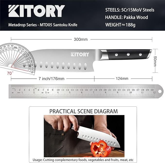 Kitory Santoku Knife - 7 Inch Full Tang GRANTON BLADE Kitchen Knife - Chef Knife for Chopping Vegetables- Forged German High Carbon Steel -2024 Gifts