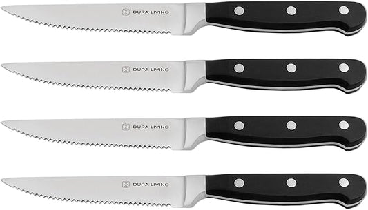 DURA LIVING Premium 4-Piece Steak Knife Set – Sharp Serrated Blades, Forged High Carbon Stainless Steel, Full Tang, Ergonomic Handle, Black – Perfect for Dining