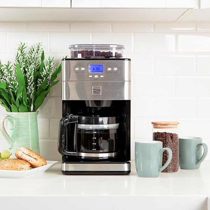 Kenmore Elite Grind and Brew Coffee Maker - Built-In Grinder, Automatic Drip Coffee Machine, 12 Cup Programmable Brewer, Bean Grinder and Ground Coffee Brewer, Coffee Maker and Grinder Combo