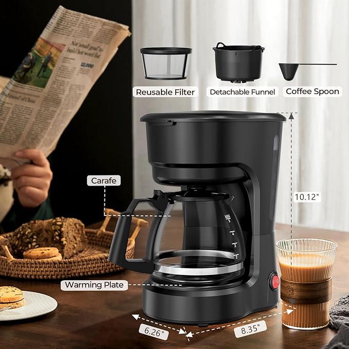 Small 5-Cup Coffee Maker, Drip Coffee Machine with Food-grade Glass Carafe, Always Keep Warm with Manual Switch, Delay Brew, 25oz Water Reservoir, Compact for Home/Office/RV/Travel/Outdoor - Black