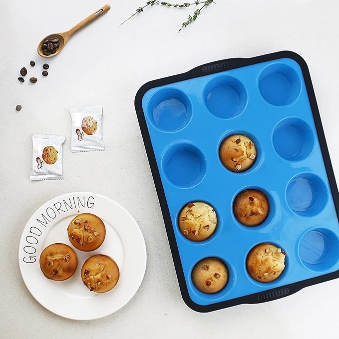 Aichoof Non-Stick Silicone Muffin Pan With Reinforced Stainless Steel Frame Inside,12 Cup Regular Muffin Baking Mold, 12 Cup Muffin Tin, BPA Free,Dishwasher Safe, Blue