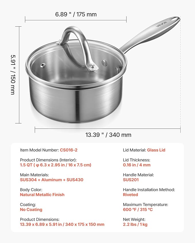 VEVOR 1.5 QT Saucepan, Stainless Steel Saucepan with Glass Lid, Multipurpose Nonstick Stainless Steel Small Cooking Sauce Pot with Ergonomic Handle, Friendly for Oven, Dishwasher, Induction Cooker