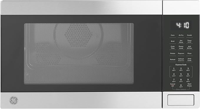 GE GCST10A1WSS 4-in-1 Microwave Oven, 1,050 Watts Air Fryer, Broiler & Convection Mode, Child-Lock Technology, Kitchen Essentials for The Countertop or Dorm Room, 1.0 Cu. Ft, Stainless Steel