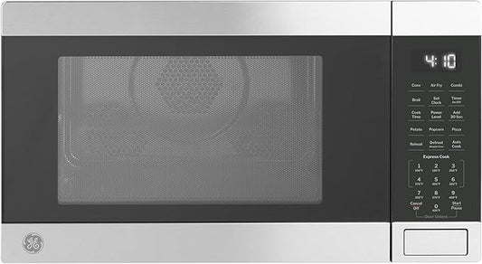 GE GCST10A1WSS 4-in-1 Microwave Oven, 1,050 Watts Air Fryer, Broiler & Convection Mode, Child-Lock Technology, Kitchen Essentials for The Countertop or Dorm Room, 1.0 Cu. Ft, Stainless Steel