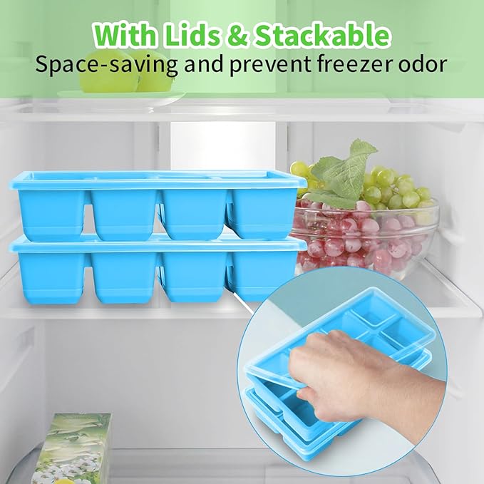 Large Ice Cube Molds 2 Pack, FURNSII Silicone Ice Cube Tray for Freezer with Lid, 8 Giant Square Cubes, Easy Release Stackable Ice Molds for Whisky Cocktails