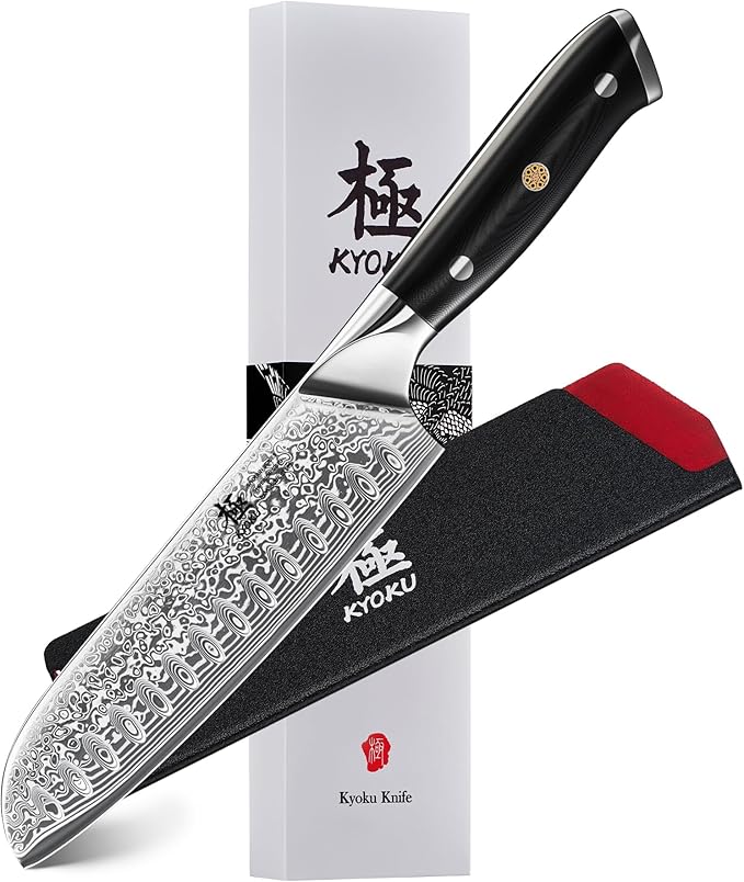 KYOKU Santoku Knife - 7" - Shogun Series - Japanese VG10 Steel Core Forged Damascus Blade - with Sheath & Case
