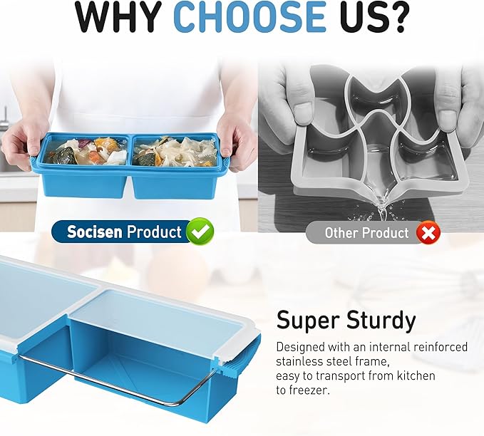 Silicone Freezer Tray with Lid Soup Freezer Container Molds with Steel Reinforced Rim Large Ice Cube Tray Makes 4 Perfect 2 Cup Portions Cubes Storage Food Ice Trays Kitchen Tools for Cooking 2 Pack