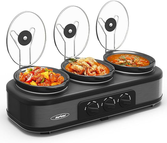 Sunvivi Triple Slow Cooker, Buffet Food Warmer with 3 * 1.5 Quarts Removable Ceramic Pots, Buffet Servers and Warmers with Glass Lids and 3 Spoons, Stainless Steel, Grey