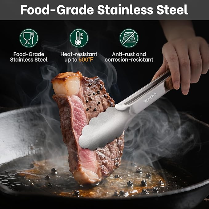 Beneno 12-Inch Food-Grade Stainless Steel Kitchen Tongs with Heat-Insulating Wooden Handle & Non-Slip Scalloped Tips, Heavy Duty Locking Food Tongs for Cooking, Grilling, BBQ and Serving