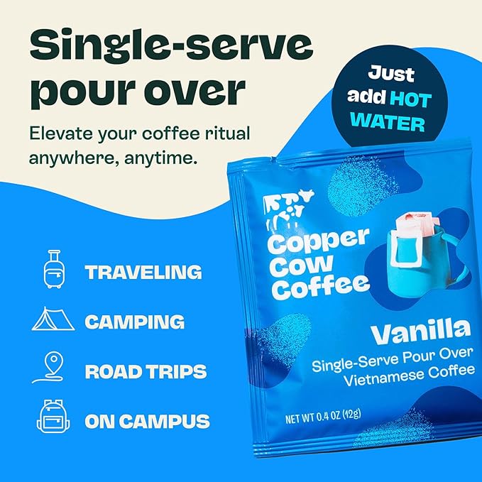Copper Cow Coffee Premium Pour Over Single-Serve Vietnamese Coffee Pouches (8 pack) | Vanilla | Dark Roast | Flavored with Vanilla Beans | Convenient Vietnamese Ground Coffee Packets, Travel Friendly