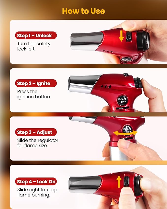 Kollea Creme Brulee Torch, Refillable Butane Torch Lighter, Kitchen Torch Food Torch with Safety Lock & Adjustable Flame for Baking, Crafts, BBQ (Gas Not Included)