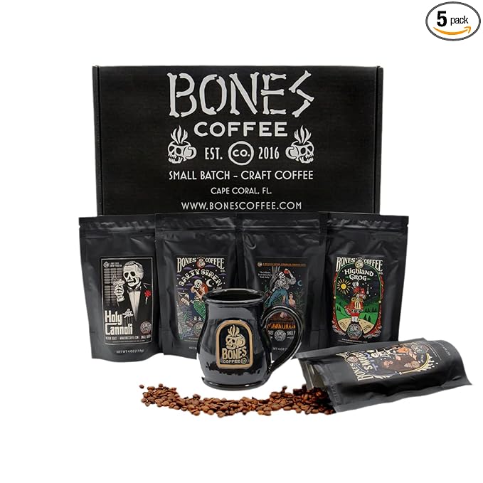 Bones Coffee Company Favorite Flavors Sample Pack Box Set with Specialty Coffee Mug, 5 Assorted Single-Origin Low Acid Medium Roast Arabica Beans Flavored Coffee Gifts, 4 oz Pack of 5 Ground