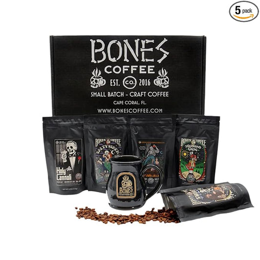 Bones Coffee Company Favorite Flavors Sample Pack Box Set with Specialty Coffee Mug, 5 Assorted Single-Origin Low Acid Medium Roast Arabica Beans Flavored Coffee Gifts, 4 oz Pack of 5 Ground