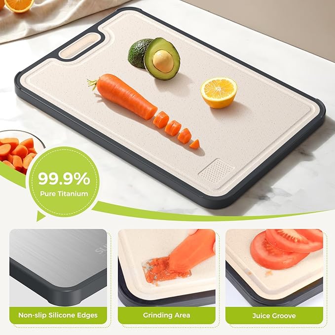 Titanium Cutting Board for Kitchen, Cutting Board Double Sided Food Grade, Pure Titanium/PP, Easy to Clean[18”*12.5”+15.5”*10.5”+12”*8.5”]