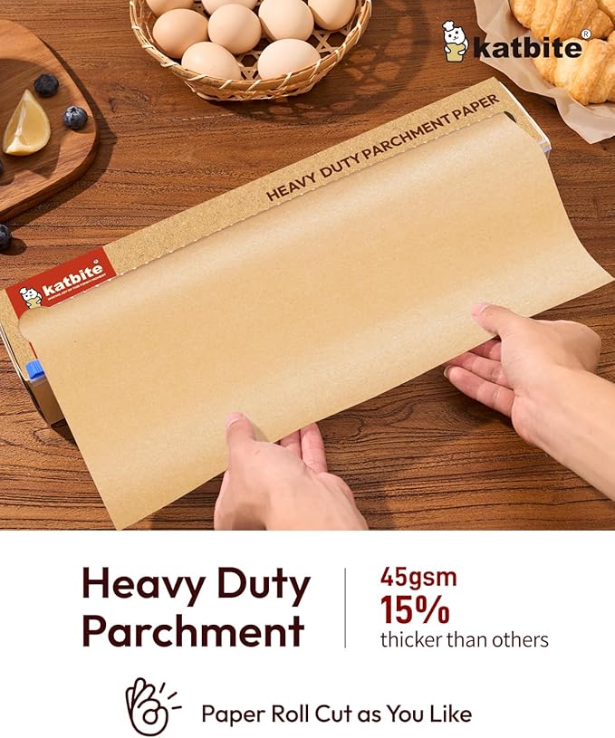 Katbite Unbleached Parchment Paper for Baking, 15 in x 210 ft, 260 Sq.Ft, Heavy Duty Baking Paper with Slide Cutter, Non-stick Brown Parchment Paper Roll for Cooking, Air Fryer, Steaming, Baking Bread
