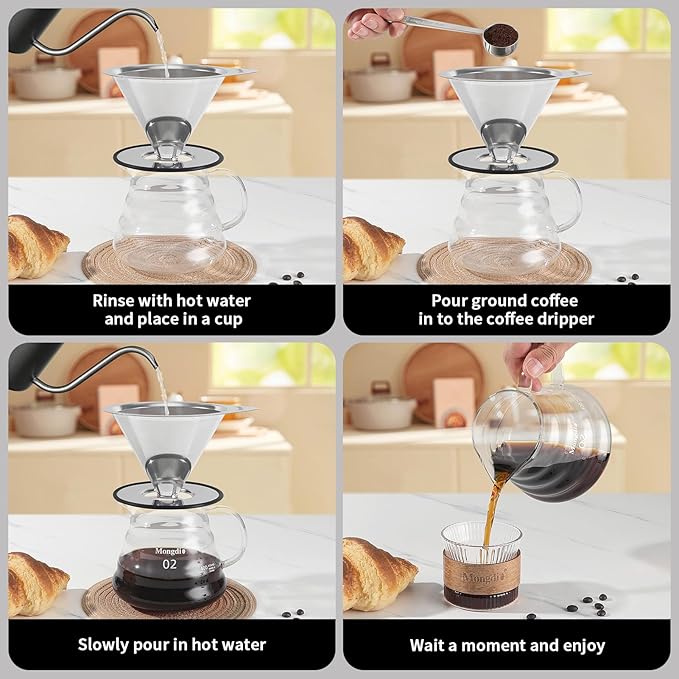 Mongdio Pour Over Coffee Dripper, Stainless Steel Coffee Dripper, Reusable Metal Coffee Filter, Double Mesh Design of Pour Over Coffee Maker, With Removable Base.1-4 Cups
