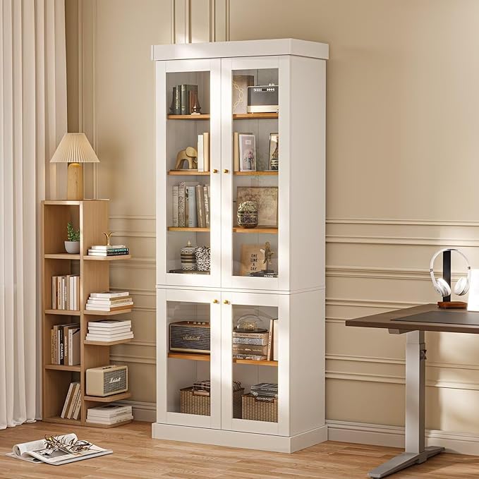 70.8" Bookshelf with Glass Doors, Farmhouse Modular Bookcase with 6-Tier Adjustable Shelves, Large Storage Cabinet for Living Room & Home Office, Set of 3, White