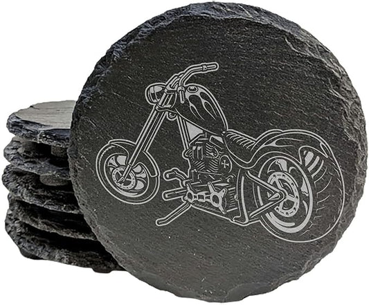Level Up Your Man Cave: Rustic Chopper Coasters for The Motorcycle Enthusiast - Round Slate - Set of 8